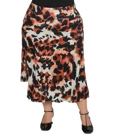 24seven Comfort Apparel Plus Size Animal Print Elastic Waist Midi Skirts In Multi