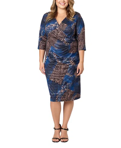 24seven Comfort Apparel Plus Size Animal Print Faux Wrap Dress In Blue