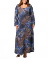 24seven Comfort Apparel Plus Size Animal Print Long Sleeve Maxi Dress In Blue