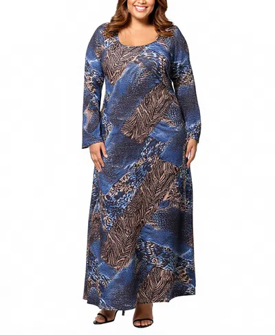 24seven Comfort Apparel Plus Size Animal Print Long Sleeve Maxi Dress In Blue
