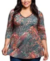 24seven Comfort Apparel Plus Size Animal Print V Neck Three Quarter Sleeve Tunic Top In Multi