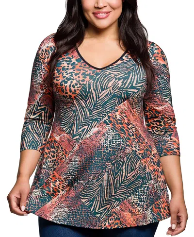 24seven Comfort Apparel Plus Size Animal Print V Neck Three Quarter Sleeve Tunic Top In Multi