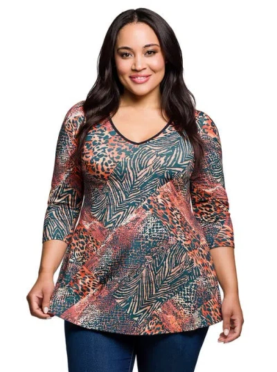 24seven Comfort Apparel Plus Size Animal Print V Neck Three Quarter Sleeve Tunic Top In Multi
