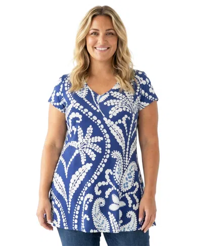 24seven Comfort Apparel Plus Size Basic Curvy Paisley Print Tunic Top In Multi