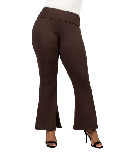 24seven Comfort Apparel Plus Size Bell Bottom Foldover Waist Pants In Brown