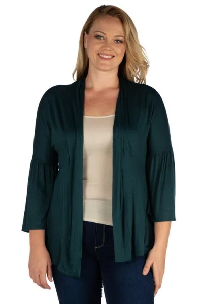 24seven Comfort Apparel Plus Size Bell Sleeve Flared Open Front Cardigan In Green
