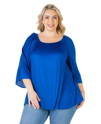 24seven Comfort Apparel Plus Size Bell Sleeve Loose Fit Tunic Top In Blue