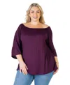 24seven Comfort Apparel Plus Size Bell Sleeve Loose Fit Tunic Top In Purple