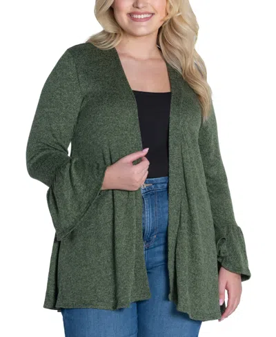 24seven Comfort Apparel Womens Knit Three Quarter Bell Sleeve Open Cardigan In Green