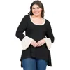 24seven Comfort Apparel Plus Size Black And Beige Bell Sleeve Hi Low  Tunic Top In Blue