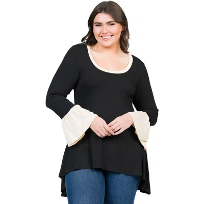24seven Comfort Apparel Plus Size Black And Beige Bell Sleeve Hi Low  Tunic Top In Blue