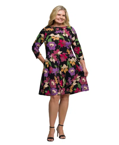 24seven Comfort Apparel Plus Size Black Multicolor Floral Fit And Flare Pocket Knee Length Dress