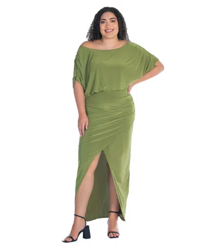 24seven Comfort Apparel Plus Size Boat Neck Batwing Sleeve Slit Maxi Dress In Avocado