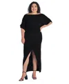 24seven Comfort Apparel Plus Size Boat Neck Batwing Sleeve Slit Maxi Dress In Black