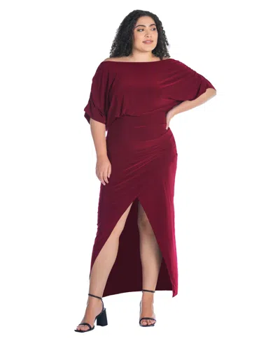 24seven Comfort Apparel Plus Size Boat Neck Batwing Sleeve Slit Maxi Dress In Burgundy