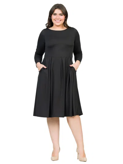 24seven Comfort Apparel Plus Size Boat Neck Long Sleeve Pleated Fit N Flare A Line Midi Dress In Black