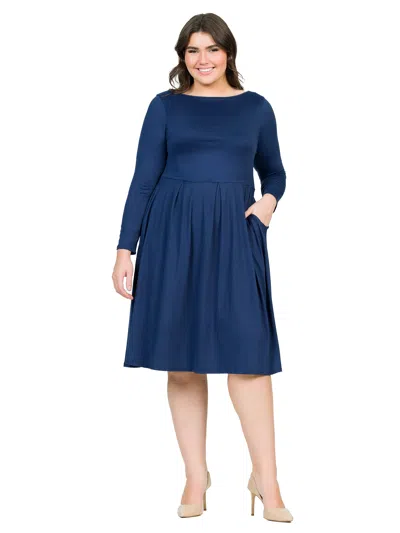 24seven Comfort Apparel Plus Size Boat Neck Long Sleeve Pleated Fit N Flare A Line Midi Dress In Blue