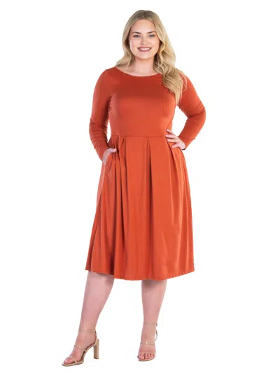 24seven Comfort Apparel Plus Size Boat Neck Long Sleeve Pleated Fit N Flare A Line Midi Dress In Brown