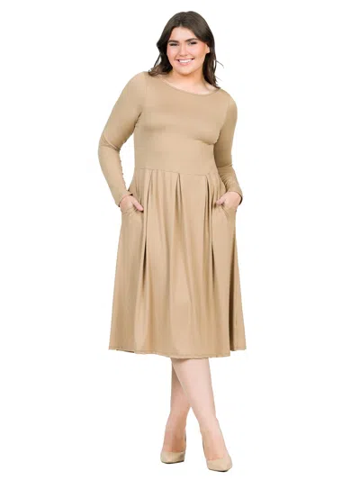 24seven Comfort Apparel Plus Size Boat Neck Long Sleeve Pleated Fit N Flare A Line Midi Dress In Brown