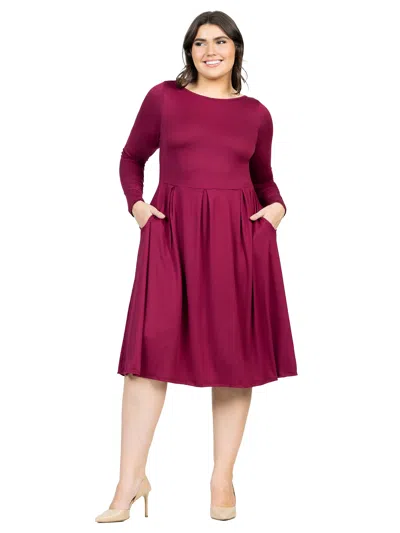 24seven Comfort Apparel Plus Size Boat Neck Long Sleeve Pleated Fit N Flare A Line Midi Dress In Burgundy