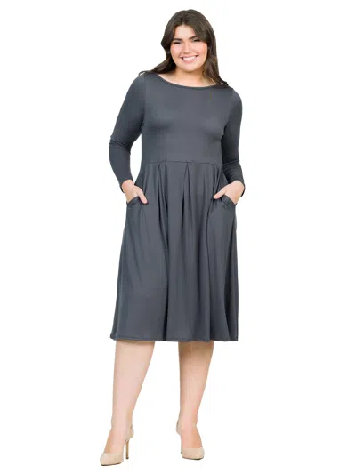 24seven Comfort Apparel Plus Size Boat Neck Long Sleeve Pleated Fit N Flare A Line Midi Dress In Gray