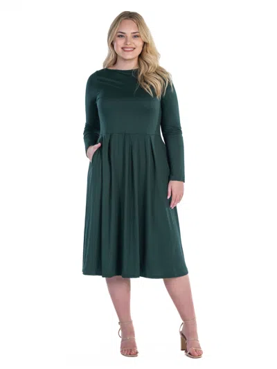 24seven Comfort Apparel Plus Size Boat Neck Long Sleeve Pleated Fit N Flare A Line Midi Dress In Green