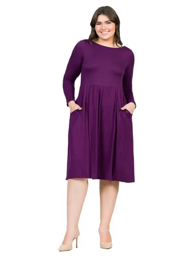 24seven Comfort Apparel Plus Size Boat Neck Long Sleeve Pleated Fit N Flare A Line Midi Dress In Purple