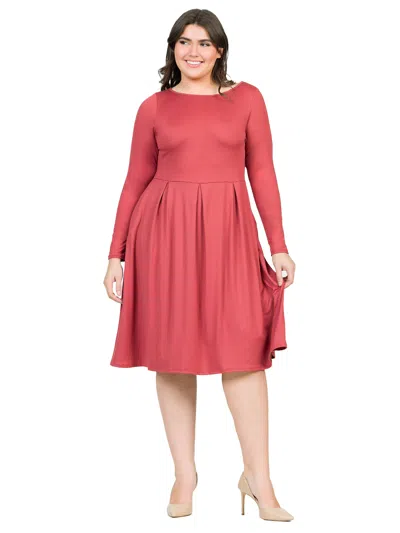 24seven Comfort Apparel Plus Size Boat Neck Long Sleeve Pleated Fit N Flare A Line Midi Dress In Red
