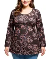 24seven Comfort Apparel Plus Size Brown Floral Print Long Sleeve Tunic Top In Multi