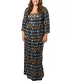 24seven Comfort Apparel Plus Size Brown Geometric Print 3/4 Sleeve Dress In Multi