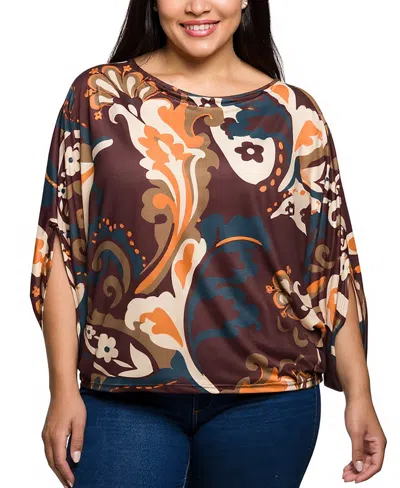 24seven Comfort Apparel Plus Size Brown Paisley Print Dolman Sleeve Top In Multi