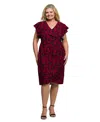 24seven Comfort Apparel Plus Size Burgundy Print Flutter Sleeve Faux Wrap Dress In Red