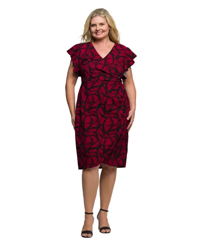 24seven Comfort Apparel Plus Size Burgundy Print Flutter Sleeve Faux Wrap Dress In Red