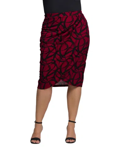 24SEVEN COMFORT APPAREL PLUS SIZE BURGUNDY PRINT RUCHED KNEE LENGTH SKIRT