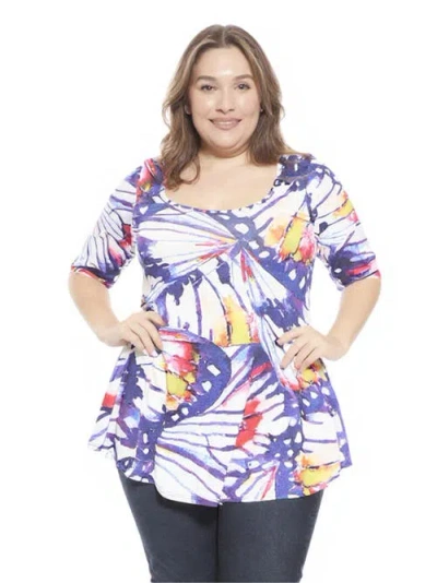 24seven Comfort Apparel Plus Size Butterfly Scoop Neck Elbow Sleeve Tunic Top In Multi