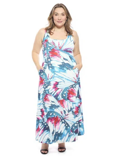24seven Comfort Apparel Plus Size Butterfly Sleeveless Scoop Neck A-line Pocket Maxi Dress In Blue