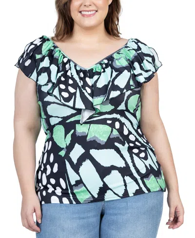 24seven Comfort Apparel Plus Size Cap Sleeve Ruffle V Neck Top In Green Multi