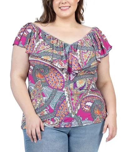 24seven Comfort Apparel Plus Size Cap Sleeve Ruffle V Neck Top In Pink Multi