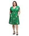 24seven Comfort Apparel Plus Size Cap Sleeve V-neck Knee Length Pocket Dress In Green Multi