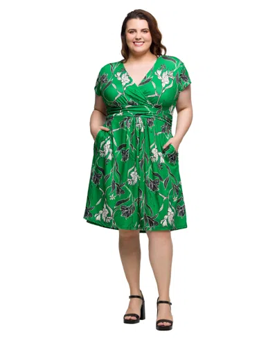 24seven Comfort Apparel Plus Size Cap Sleeve V-neck Knee Length Pocket Dress In Green Multi