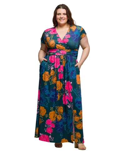 24seven Comfort Apparel Plus Size Cap Sleeve V-neck Side Slit Pocket Maxi Dress In Green Multi