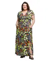 24seven Comfort Apparel Plus Size Cap Sleeve V-neck Side Slit Pocket Maxi Dress In Orange Multi
