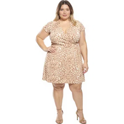 24seven Comfort Apparel Plus Size Cheetah Collar Knee Length Side Tie Wrap Dress In Animal Print