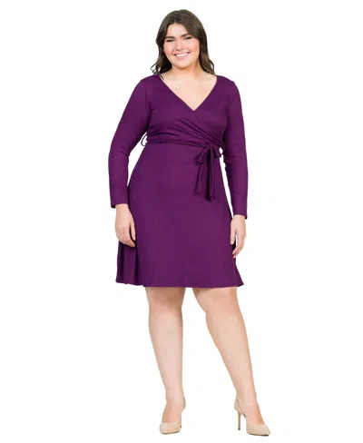 24seven Comfort Apparel Plus Size Chic V-neck Long Sleeve Belted Dress In Purple