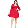 24seven Comfort Apparel Plus Size Classic Long Sleeve  Flared Mini Dress In Red