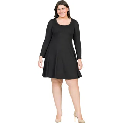 24seven Comfort Apparel Plus Size Classic Long Sleeve  Flared Mini Dress In Black