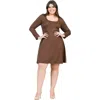 24seven Comfort Apparel Plus Size Classic Long Sleeve  Flared Mini Dress In Brown