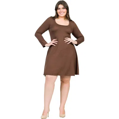 24seven Comfort Apparel Plus Size Classic Long Sleeve  Flared Mini Dress In Brown