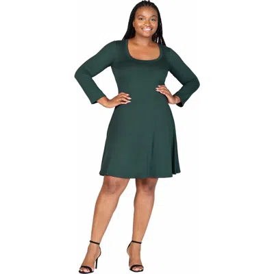 24seven Comfort Apparel Plus Size Classic Long Sleeve  Flared Mini Dress In Green