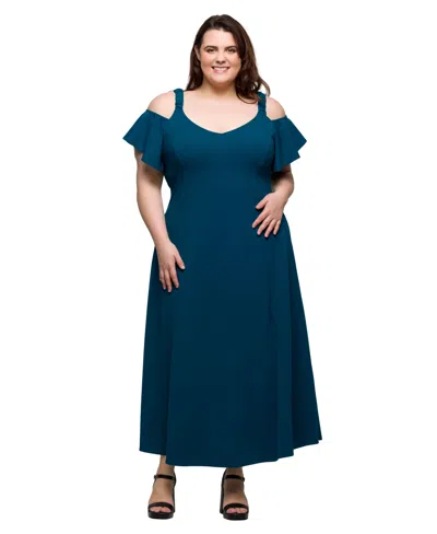 24seven Comfort Apparel Plus Size Cold Shoulder Ruffle Sleeve A-line Maxi Dress